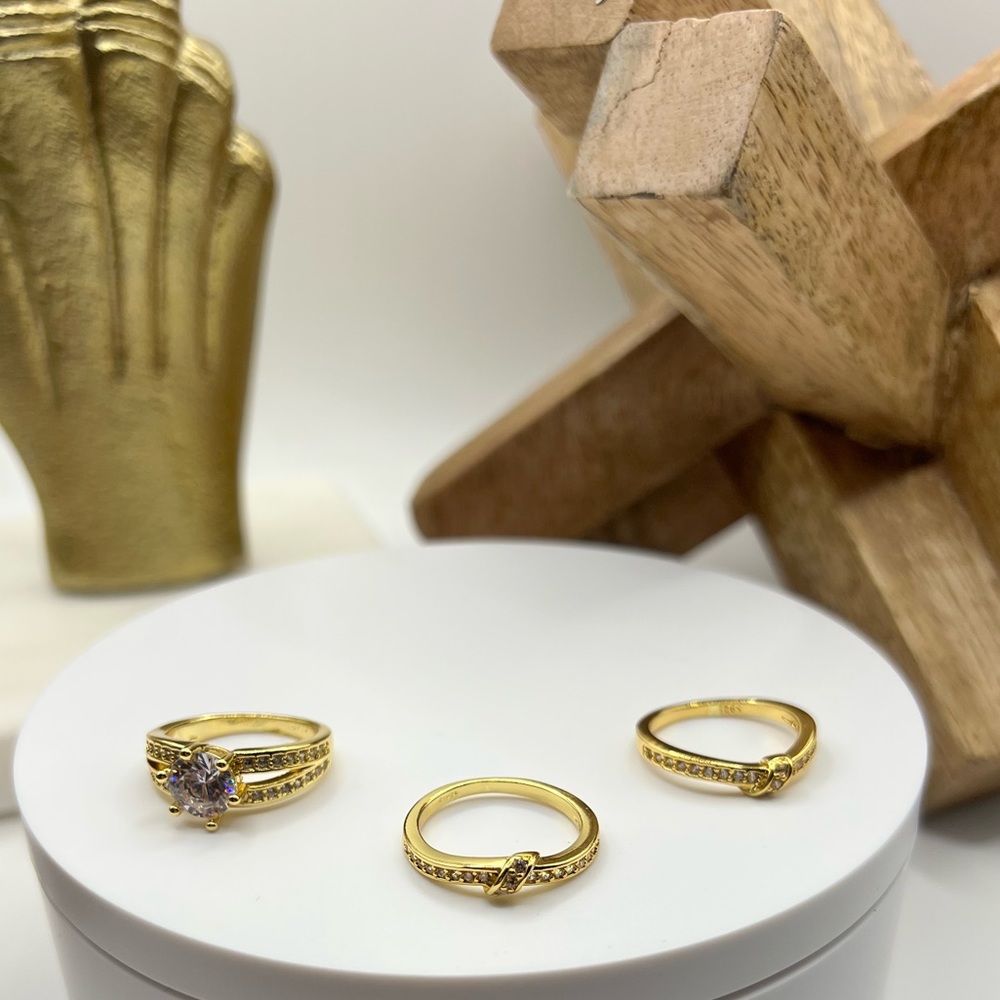 S925 18KT Gold Plated Round Zircon 3 PC SZ 8 Ring Set NEW